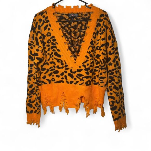 Small CU NYC Cheetah Print Fringe Crop Sweater Orange Black Bold - Picture 1 of 6